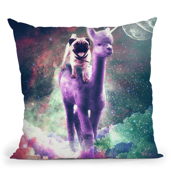Funny Space Pug Riding On Alpaca Unicorn Throw Pillow By Skyler Hill