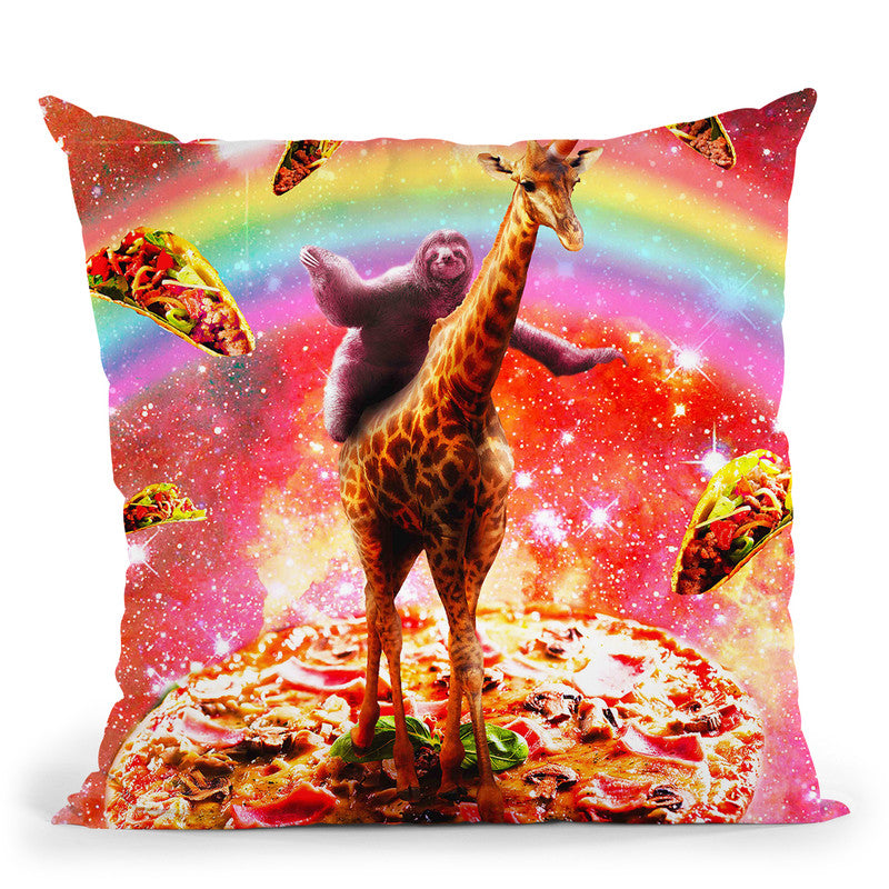 Space Sloth Riding Giraffe Unicorn - Pizza & Taco Throw Pillow By Skyler Hill