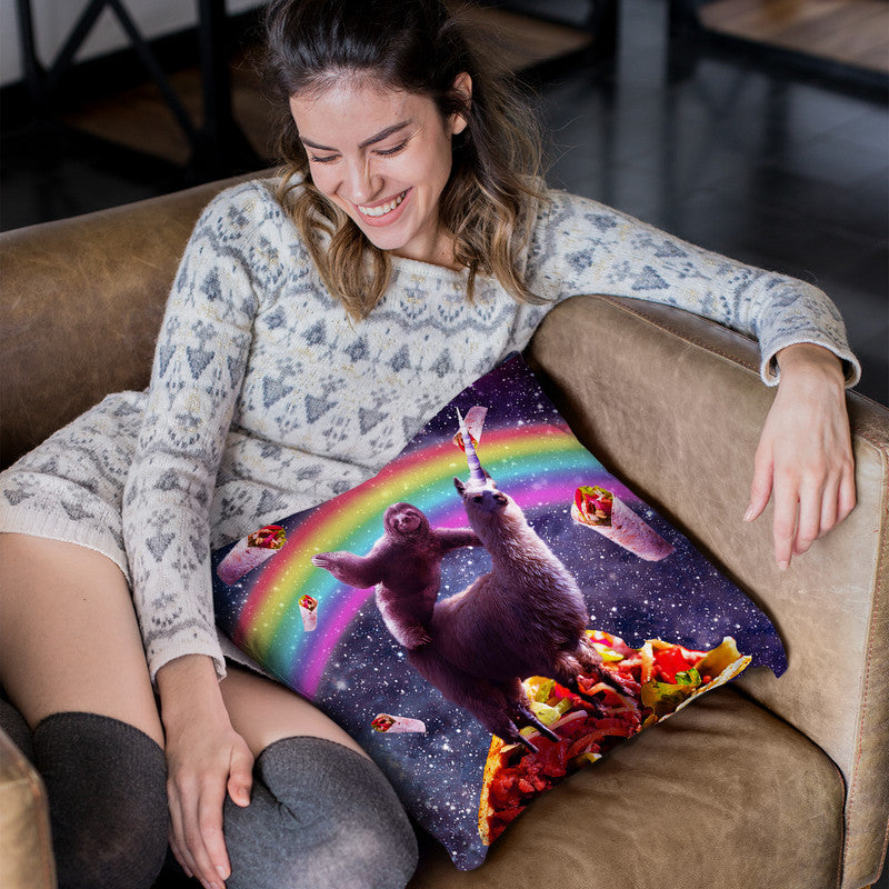 Space Sloth Riding Llama Unicorn - Taco & Burrito Throw Pillow By Skyler Hill
