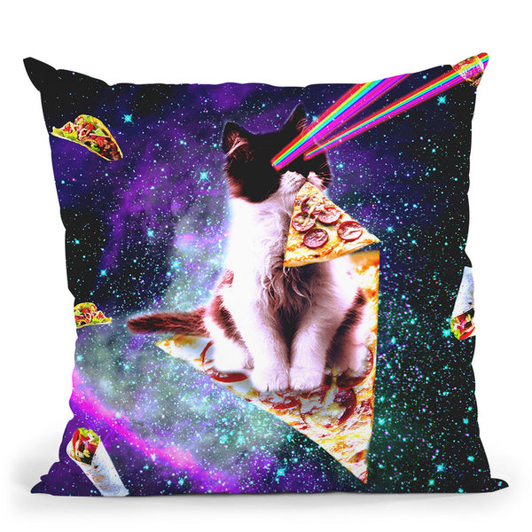 Outer Space Pizza Cat - Rainbow Laser, Taco, Burrito Throw Pillow By Skyler Hill
