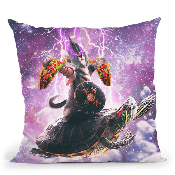 Lazer Warrior Space Cat Riding Turtle Eating Taco Throw Pillow By Skyler Hill