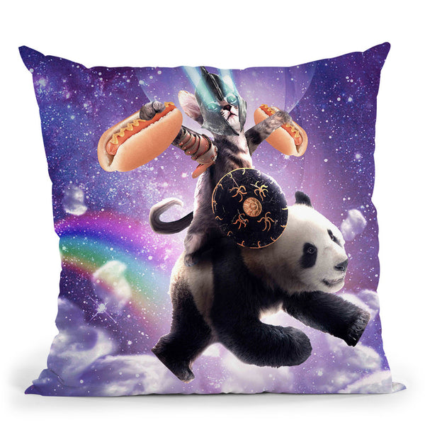 Lazer Rave Space Cat Riding Panda Eating Hotdog Throw Pillow By Skyler Hill