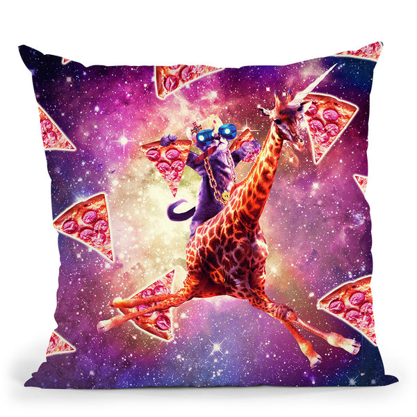 Thug Space Cat On Giraffe Unicorn - Pizza Throw Pillow By Skyler Hill