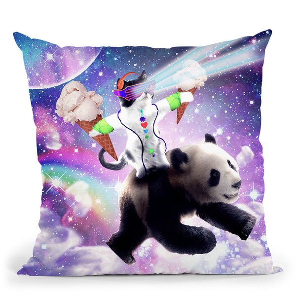 Lazer Rave Space Cat Riding Panda With Ice Cream Throw Pillow By Skyler Hill