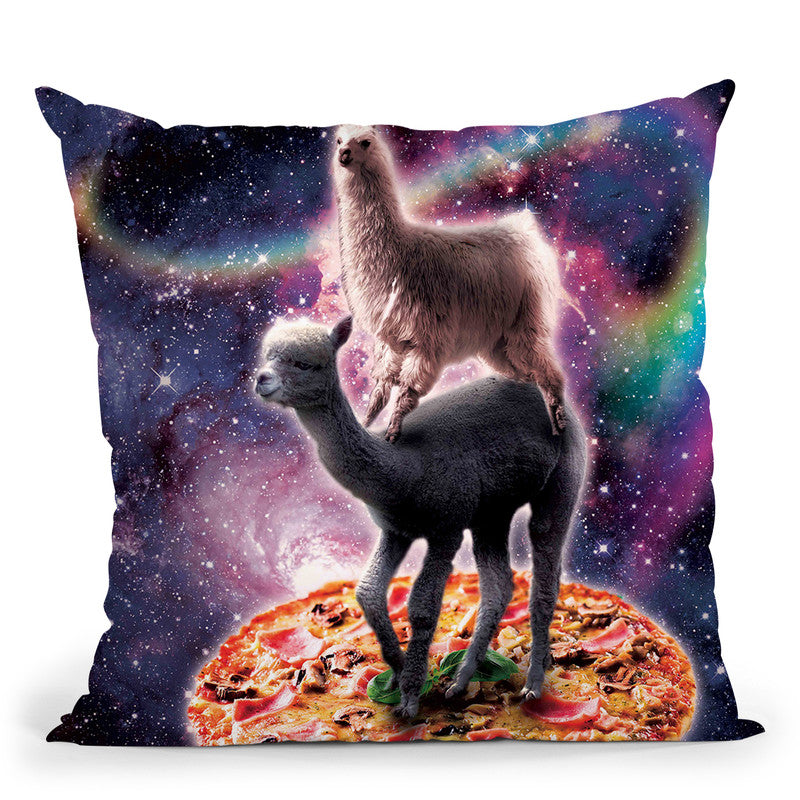 Rainbow Space Llama On Alpaca Riding Pizza Throw Pillow By Skyler Hill