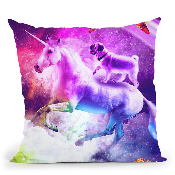 Rainbow Space Pug Riding On Flying Unicorn With Taco Throw Pillow By Skyler Hill