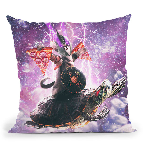 Lazer Warrior Space Cat Riding Turtle With Pizza Throw Pillow By Skyler Hill