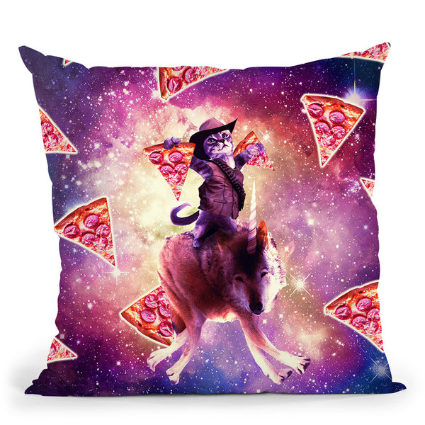 Cowboy Space Cat On Wolf Unicorn - Pizza Throw Pillow By Skyler Hill