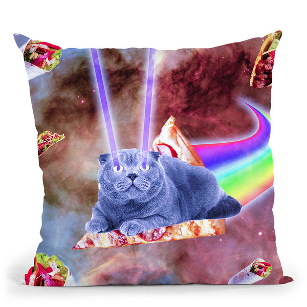 Laser Eyes Space Cat Riding Rainbow Pizza Throw Pillow By Skyler Hill