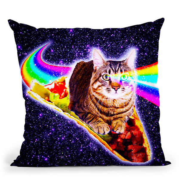 Rainbow Laser Eyes Galaxy Cat Riding Taco Throw Pillow By Skyler Hill