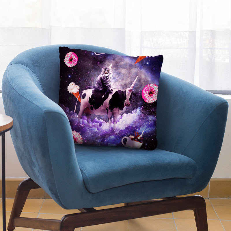 Outer Space Cat Riding Cow Unicorn - Donut Throw Pillow By Skyler Hill